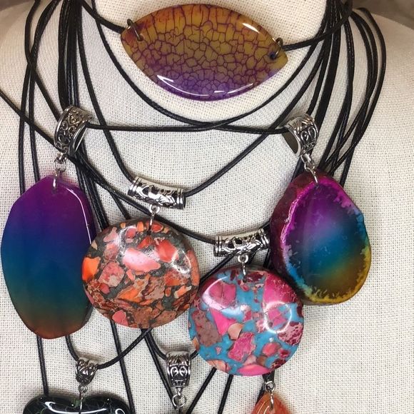 Gemstone & Fossil Pendant on Waxed Necklace w/Ornate Bail Lobster Claw Clasp - Picture 4 of 16